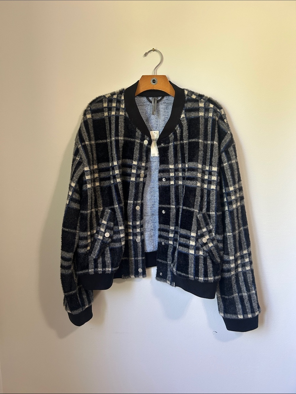 Anthropologie Plaid Bomber Jacket in Black and Cream